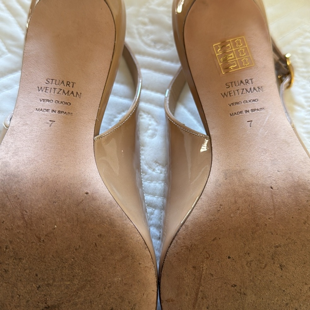Stuart Weitzman Nude Slingback Pump Heels Patent Size 7 Pointed Toe 75 - Picture 4 of 4